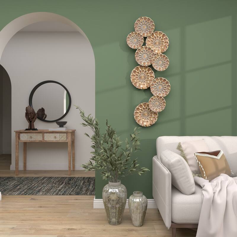 Gold Metal Embossed Floral Plate Home Wall Decor with Teal Accents