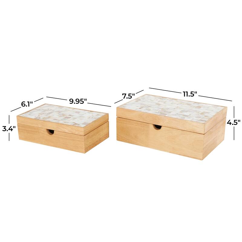 Light Brown Wood Handmade Storage Decorative Box with Seashell Tops (Set of 2) - 8"W x 12"L x 5"H