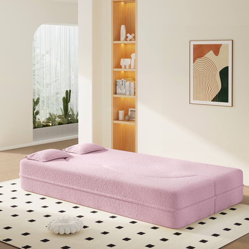 Modern Floor Sofa with 2 Pillows,Convertible Teddy Fabric Foam-Filled Sleeper Sofa Bed