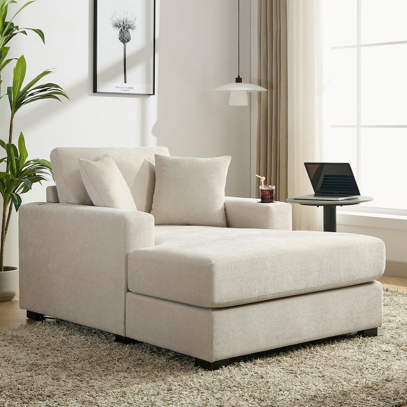 43.5" Chenille Fabric Chaise Lounger Sofa Couch with Pillows, Charge Station & Cup Holders