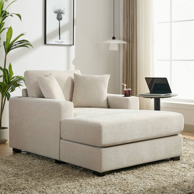Oversized Chaise Lounger Modern Sofa Couch with Pillows, Charge Station & Cup Holders