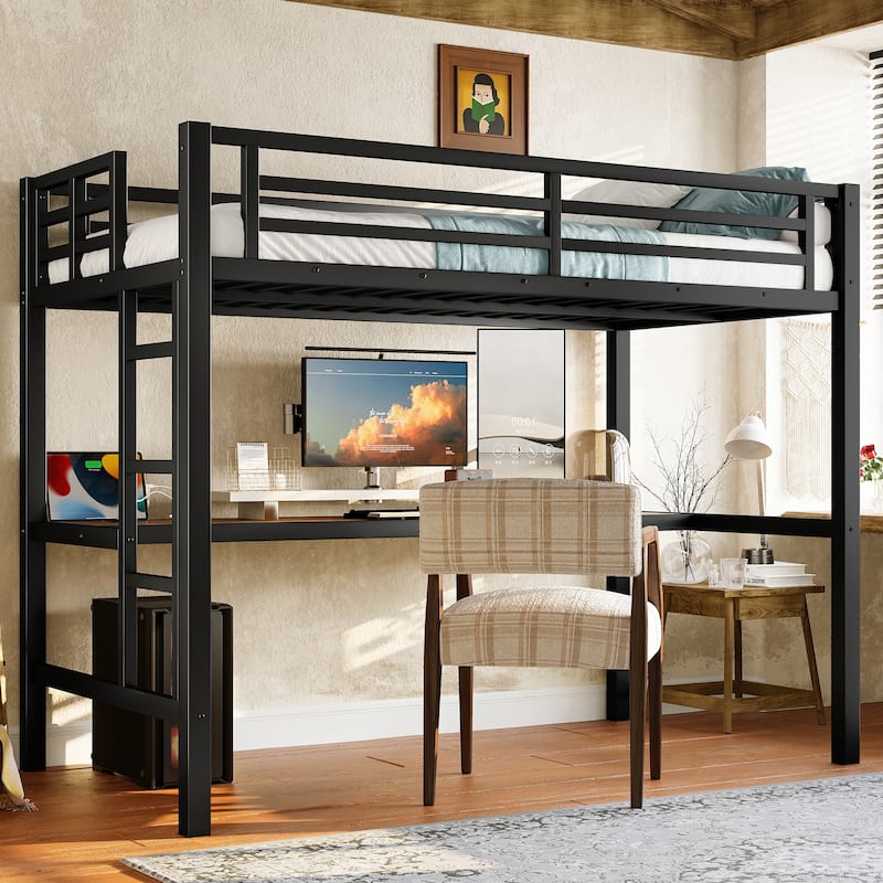 Roomfitters Twin Metal Loft Bed with Desk, Gaming High Sleeper with LED Lights and Power Outlet, Black - Black