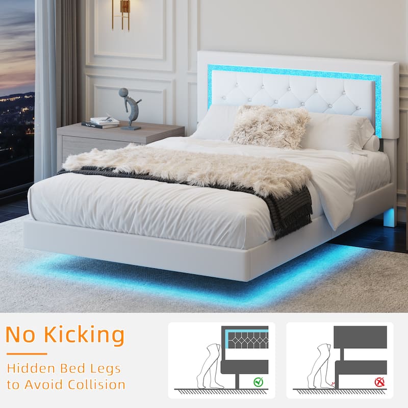 Upholstered Platform Bed PU Leather Floating Bed Frame with LED Lights&Diamond Tufted Headboard/No Box Spring Needed/Noise Free