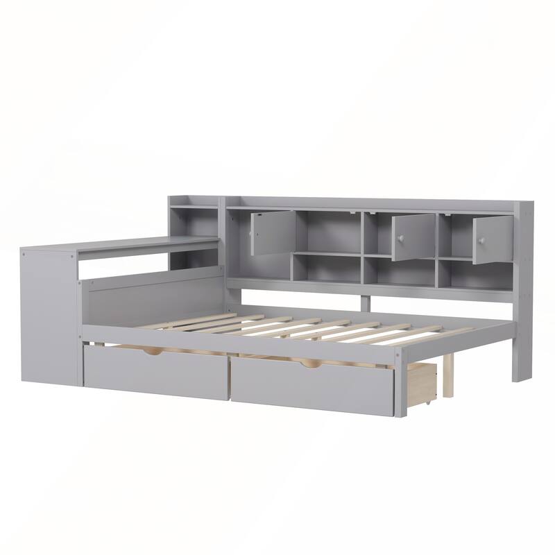 Wooden L-Shape Full Size Daybed with Study Desk and Built-in Bookshelf