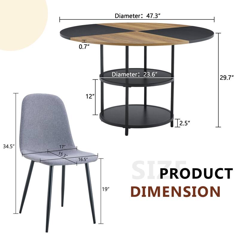 5-piece Natural and Black Spliced Round Dining Table Set with Double-Layer Storage Shelf, Anti-Slip Feet
