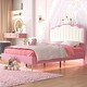 preview thumbnail 17 of 28, Full Size Upholstered Princess Platform Bed with Crown-Shaped Headboard, Soft Night Light Strips, and Gold Metal Legs