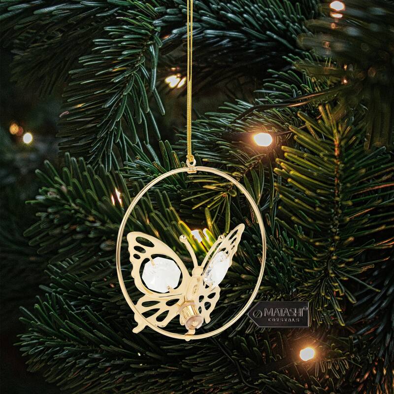 24K Gold Plated Butterfly Circle Crystal Studded Hanging Ornament by Matashi