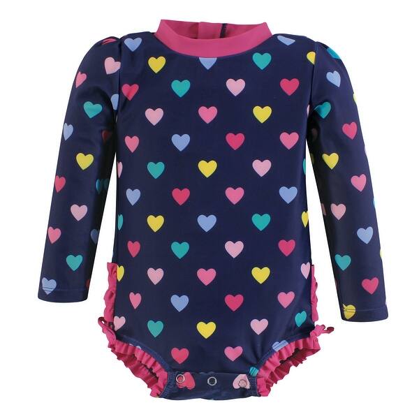slide 1 of 1, Hudson Baby Girls Rashguard Baby Swimsuit, Navy Hearts 12-18 Months - Navy Hearts Baby