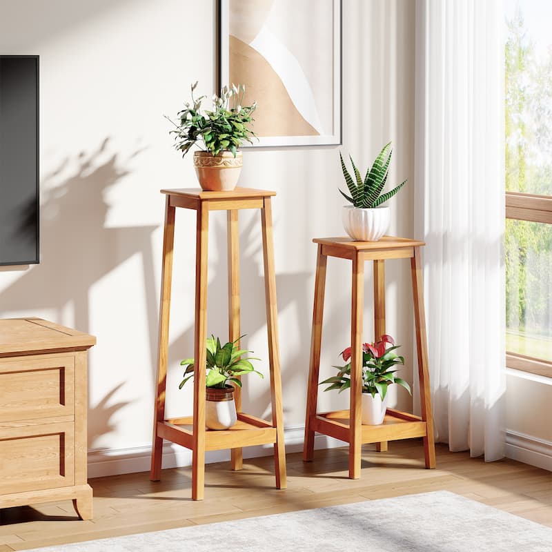 2-Tier Plant Shelf with Reinforced Frame, Solid Wood Indoor Plant Stand Set of 2