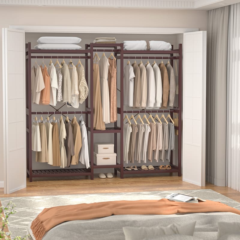 Bamboo Closet System Clothes Rack, Large Freestanding Garment Rack Clothing Rack for Hanging Clothes