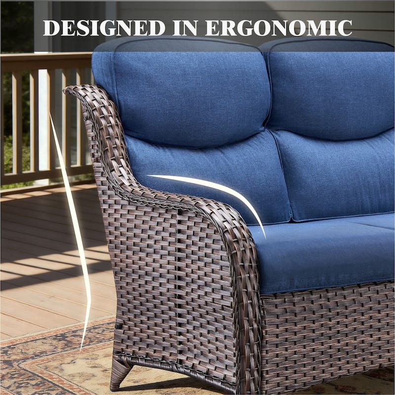 Meyreso Handwoven Wicker Outdoor Patio 3-Seat Sofa with 5-Inch Thick Cushions