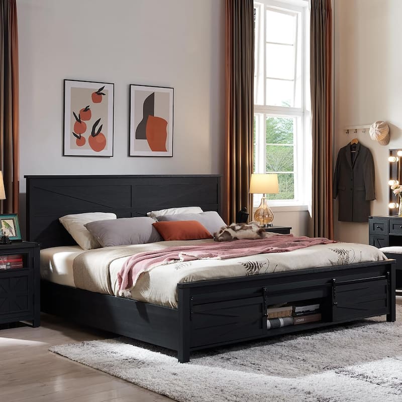 Farmhouse King Size Wood Bed Frame with Sliding Barn Door Storage