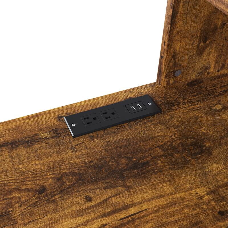 Computer Desk with 4-in-1 Socket & 3 Drawers, 4-Tier Storage Shelves, Carbonized Wood Finish Laminate for Home Office, Study
