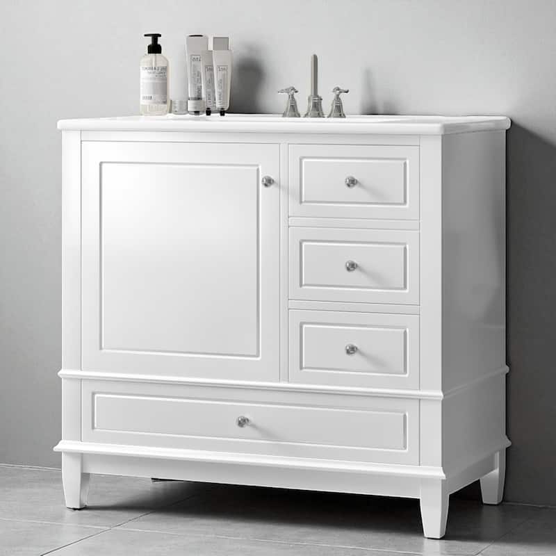 36" Bathroom Vanity with Sink, Freestanding Cabinet with Drawers and Shelves, Ceramic Top, Painted Wood Base - White