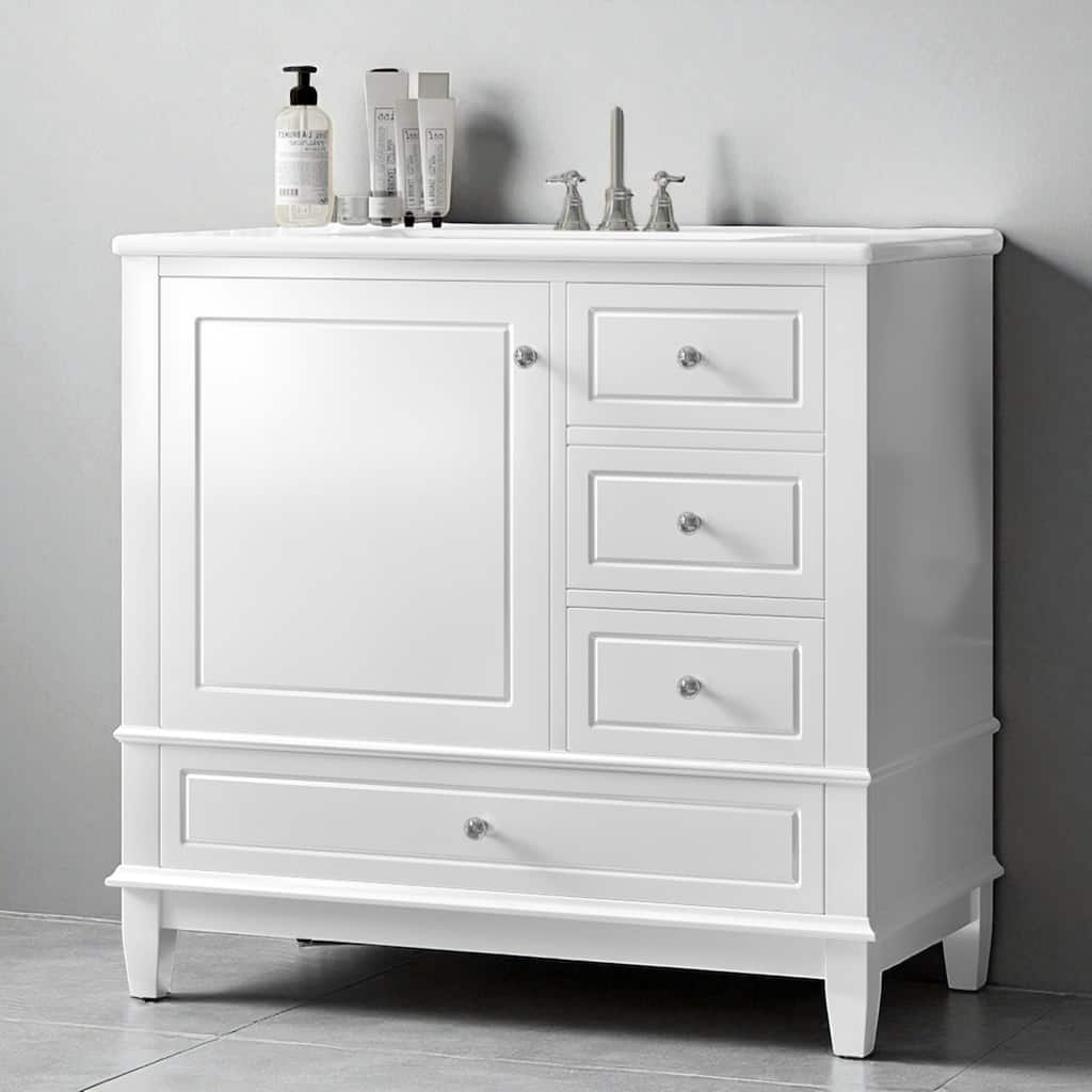 36" Bathroom Vanity with Sink, Freestanding Cabinet with Drawers and Shelves, Ceramic Top, Painted Wood Base