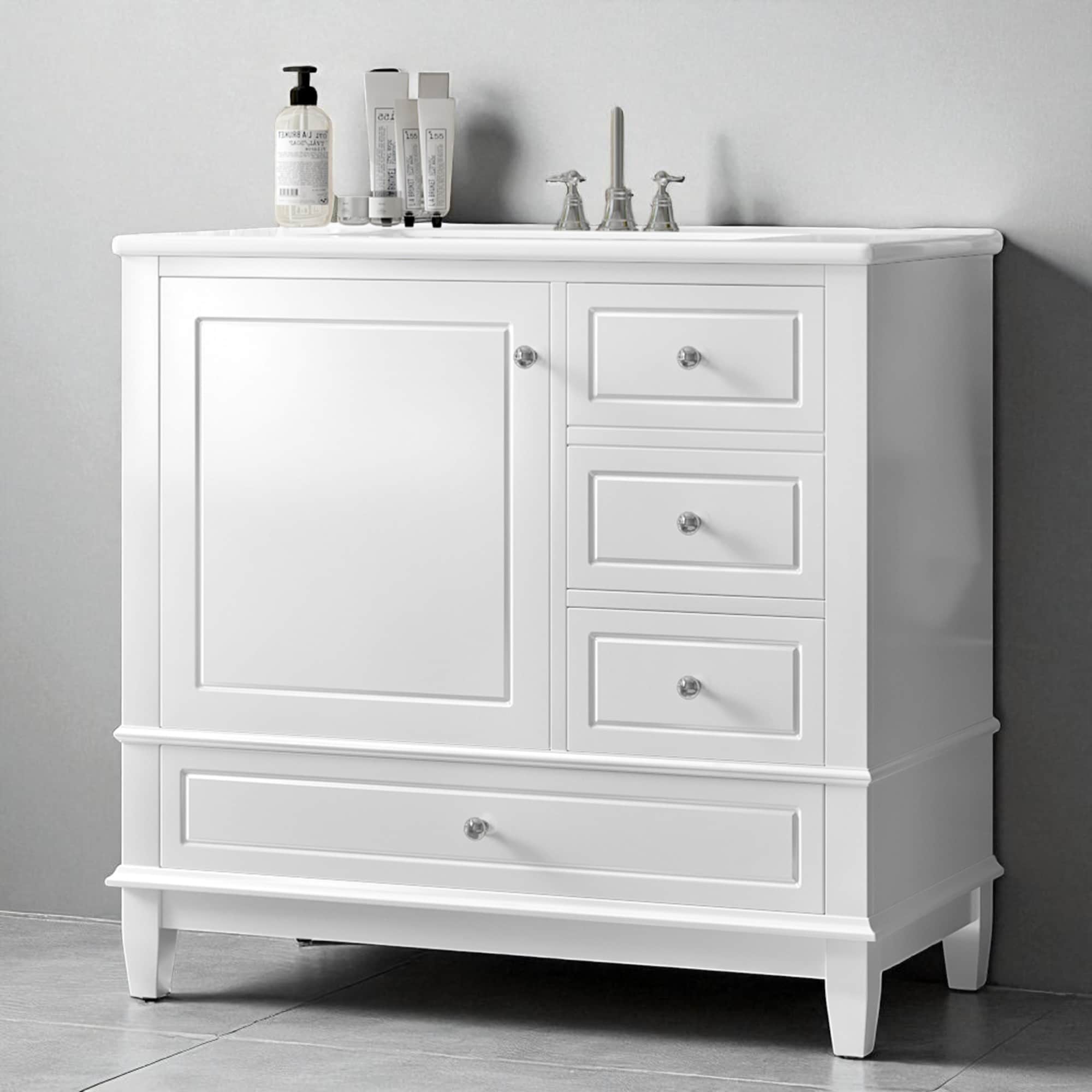36" Bathroom Vanity with Sink, Freestanding Cabinet with Drawers and Shelves, Ceramic Top, Painted Wood Base
