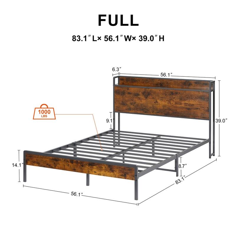 Metal Bed Frame with Charging Station and Slats