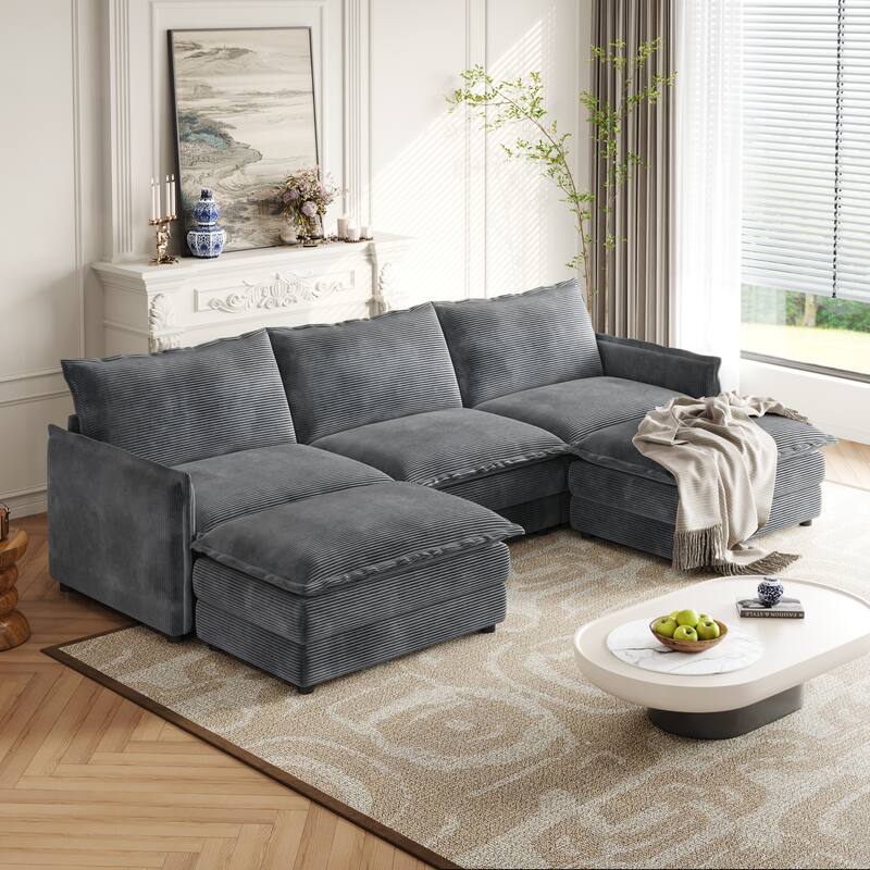 Corduroy Fabric 3-Seater Cloud Couch with 2 Movable Footrest,U Shaped Couch Set,Upholstered Deep Seat 2-Seat with 3 cushions