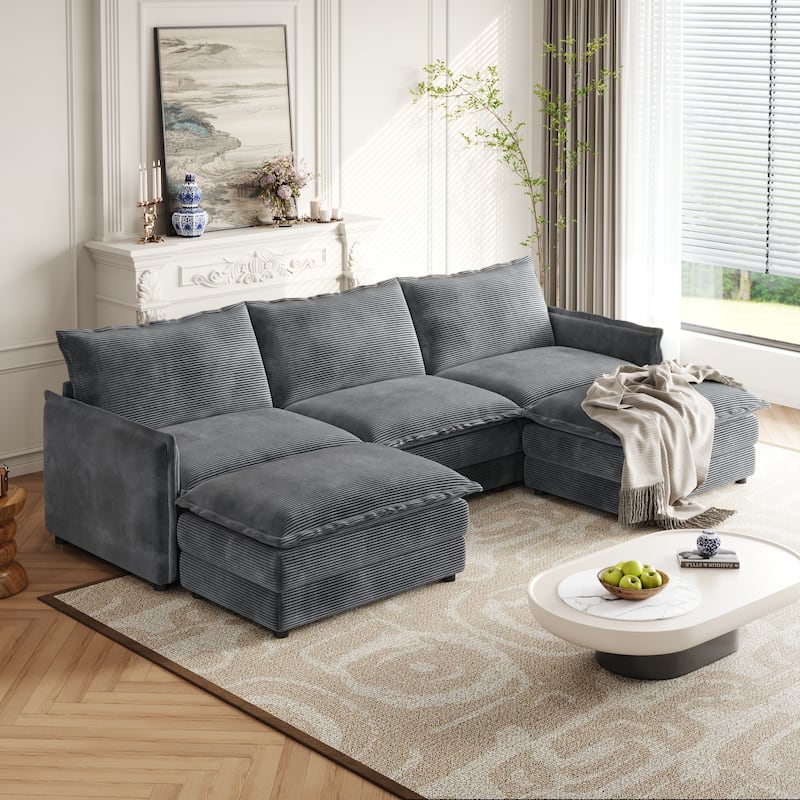Living Room U-shaped Sectional Sofa with Chaise Corduroy Fabric Upholstered Deep Seat 3 Seater Couch with 2 Ottomans