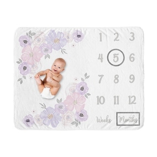 Watercolor Floral Collection Girl Baby Monthly Milestone Blanket - Lavender Purple, Pink and Grey Boho Shabby Chic Rose Flower