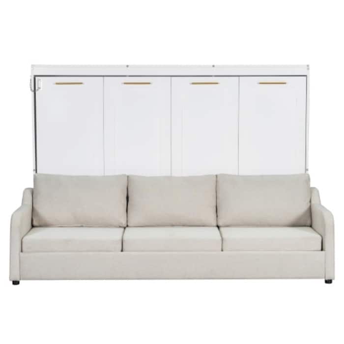 Queen/Full Size Murphy Cabinet Bed - Converts to Folding Sofa with Storage Shelves and LED Lights