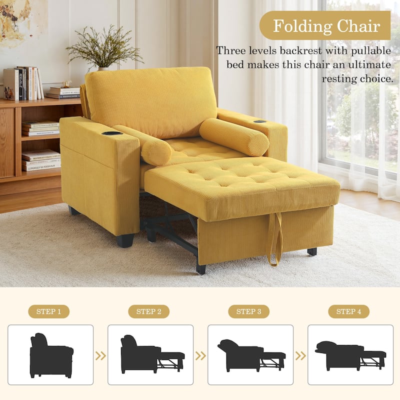 3-in-1 Corduroy Sleeper Sofa Pull-Out Bed Convertible Adjustable Loveseat with USB Port