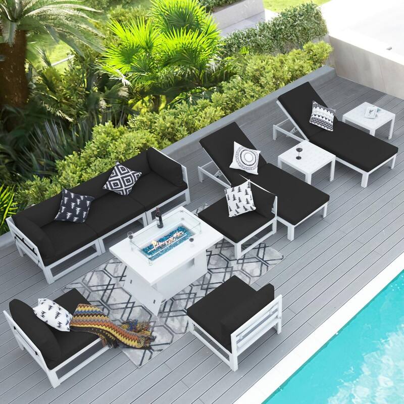 11-Piece Luxury Aluminum Outdoor Furniture Set with Chaise Lounge & Fire Pit Table, 29" Deep Seating Aluminum Patio Sectional - Black - White Frame