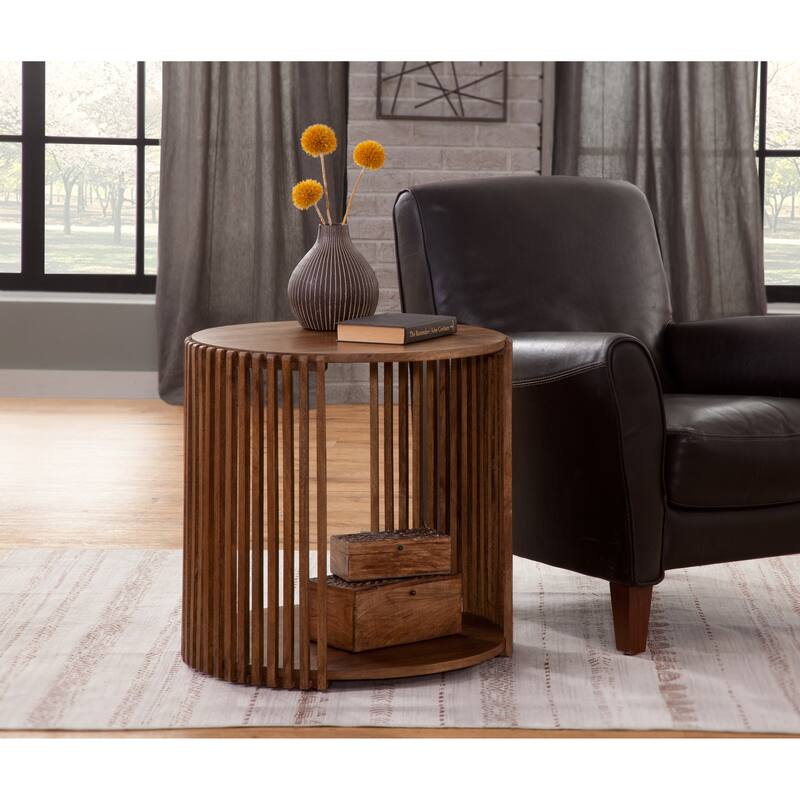 Fenwick Dark Mango Solid Wood Round Slatted End Table - Dark Mango - Wood