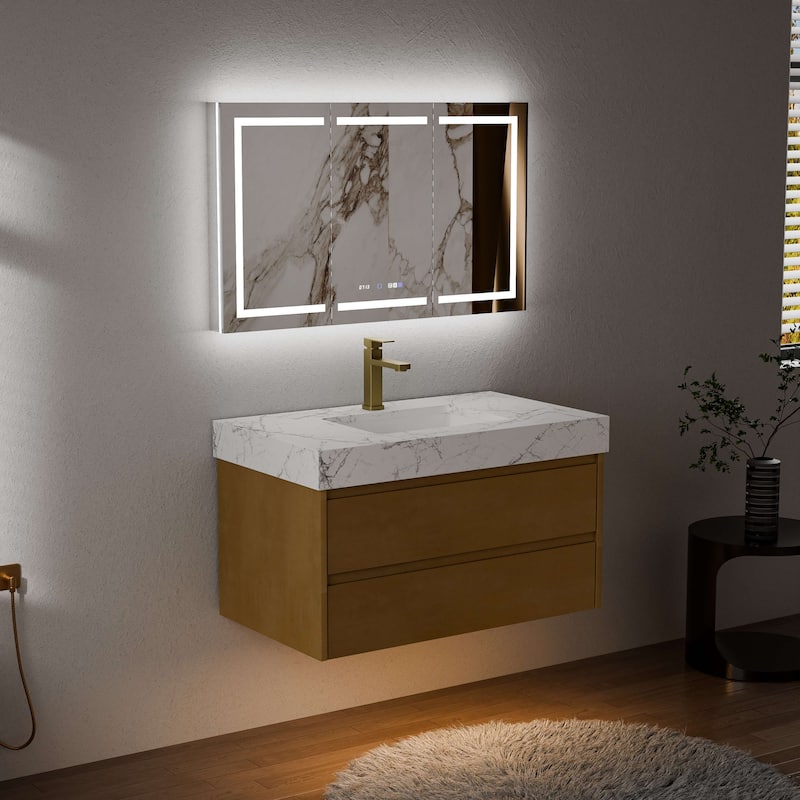 Modland 36" Floating Modern Bathroom Vanity with Single Sink,Maple Wood Wall Mounted Vanity with Marble Countertop - 36 Inch
