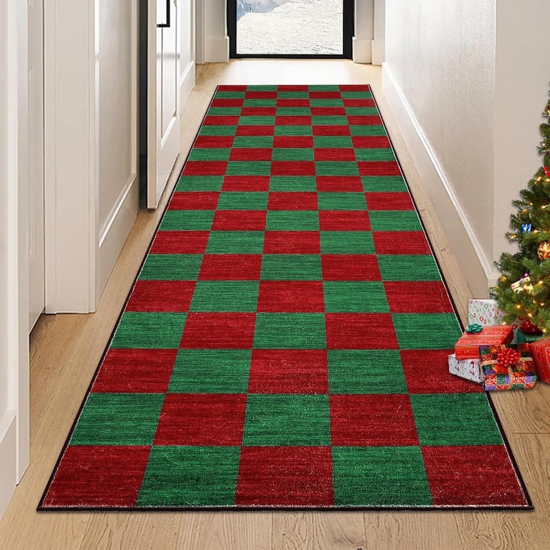 Grid Pattern Washable Christmas Area Rug Indoor Floor Cover for Xmas Holiday Decoration, Red+Green - 2*8ft