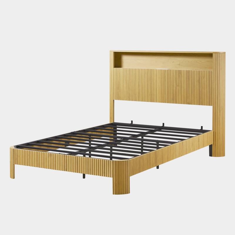 Full XL Bed Frame with Storage Headboard, Charging Station, Wavy Design, Silent Operation, Metal Support, Natural
