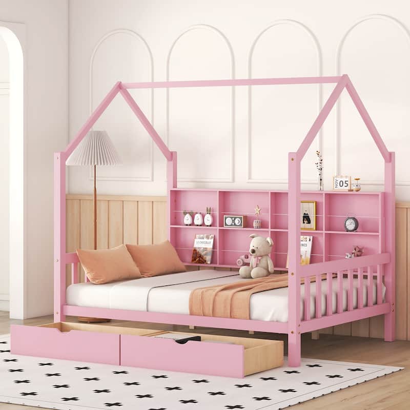 Wooden Full Size House Bed with 2 Drawers,Kids Bed with Storage Shelf