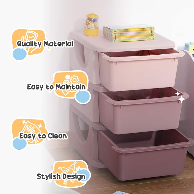 Qaba Kids Storage Unit Dresser Tower with Drawers 3 Tier Chest Toy Organizer for Bedroom Kindergarten for Boys Girls Toddlers