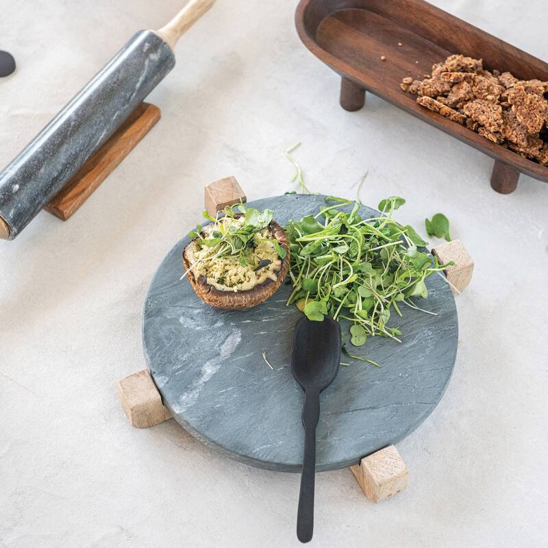 Marble Serving Board with Mango Wood Stand - 13.0"L x 13.0"W x 2.0"H