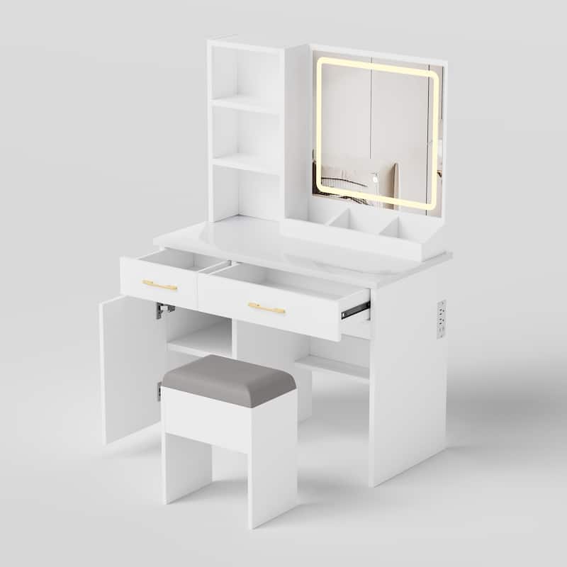 Makeup Vanity Desk with Mirror and Lights, Vanity Table with Power Outlet and 3 Lighting Modes, Dressing Table Set with Stool