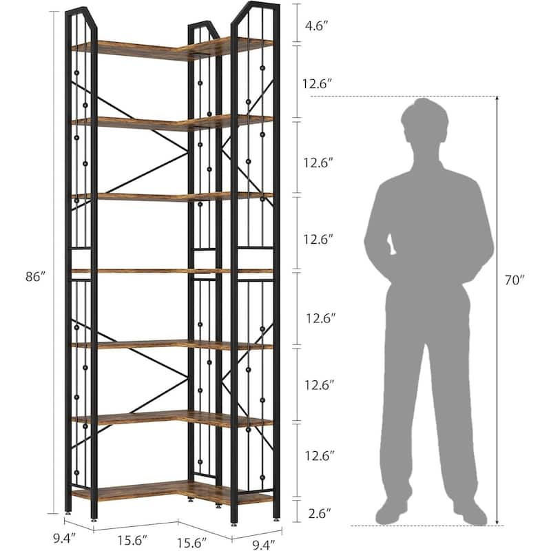 86" 7 Tier Industrial Corner Bookshelf, L-Shaped Bookcase - N/A