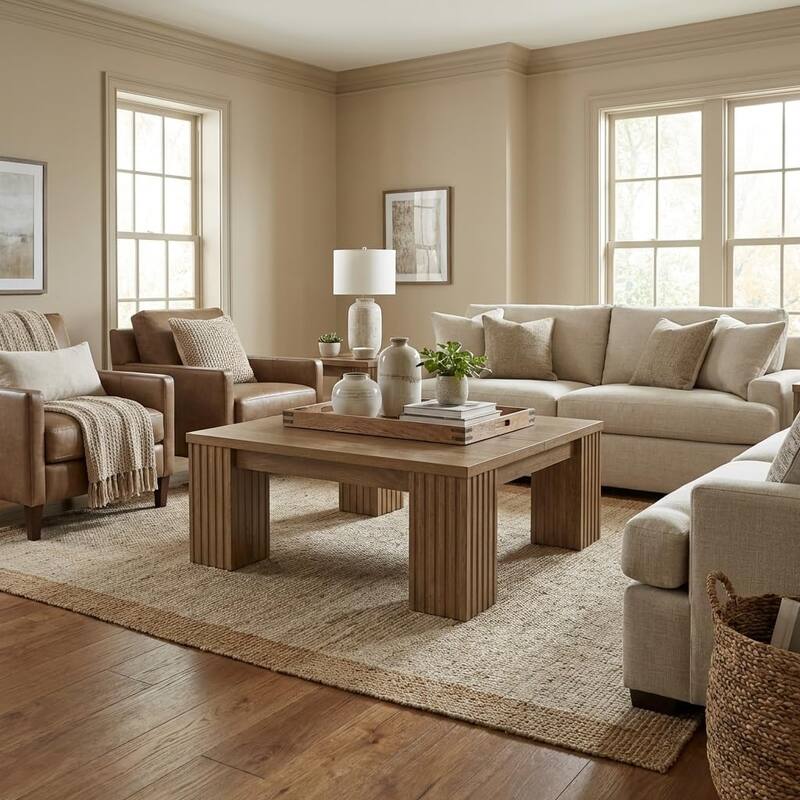 Farmhouse Square Coffee Table, 39-Inch Wooden Coffee Table, Large Center Table for Living Room