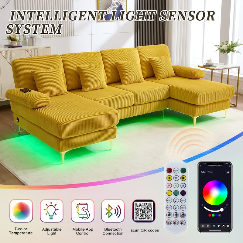 HOMEFUN Corduroy Upholstered U-shaped Adjustable Light Modular Sectional Sofa With Type-C and USB ports