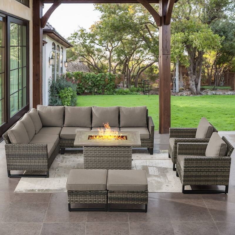 Gymojoy L-Shaped Outdoor Corner Sectional Sofa 6-seats Couch Conversation Set - 6 PCS - Ottomans & Club Chairs & Fire Pit - Grey Wicker / Grey Cusion