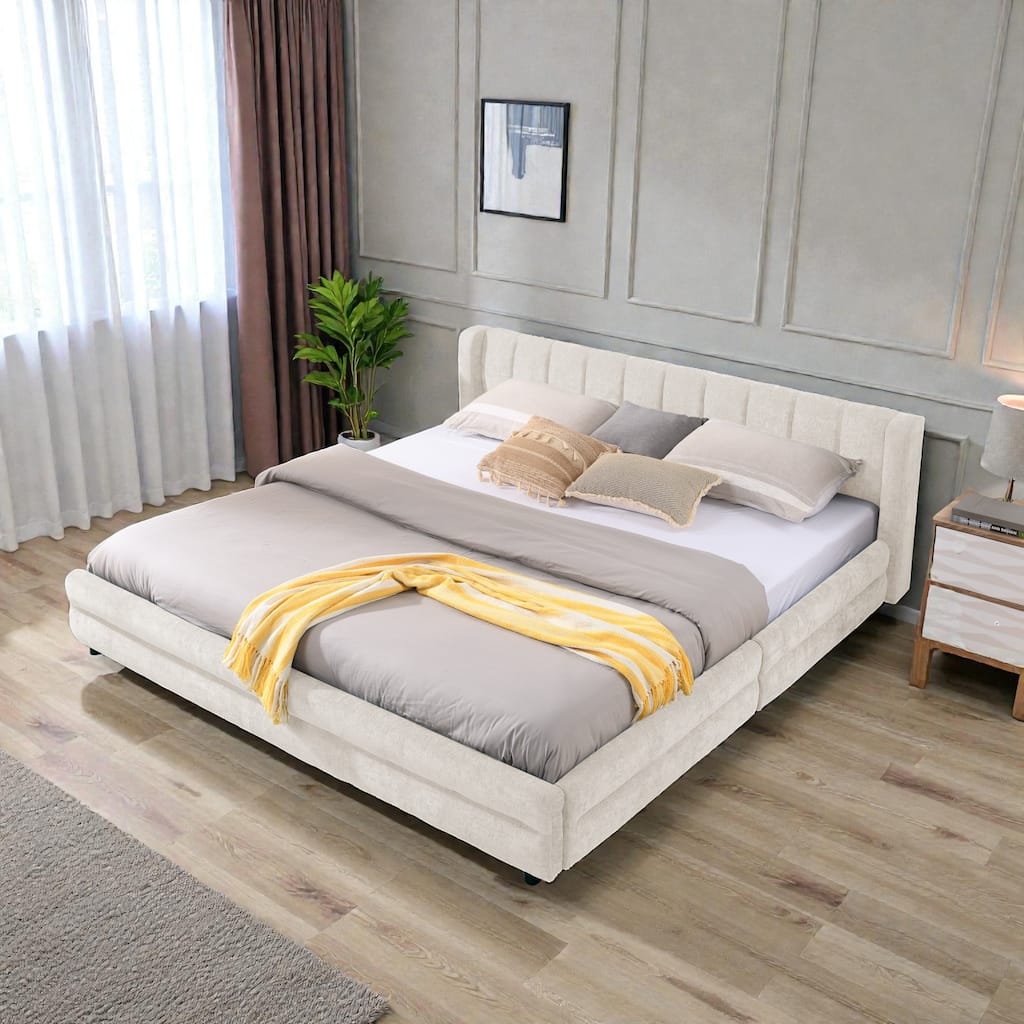 King Upholstered Bed Frame with Chenille Fabric, Soft Headboard and Underbed Storage Drawer, Modern Platform Design