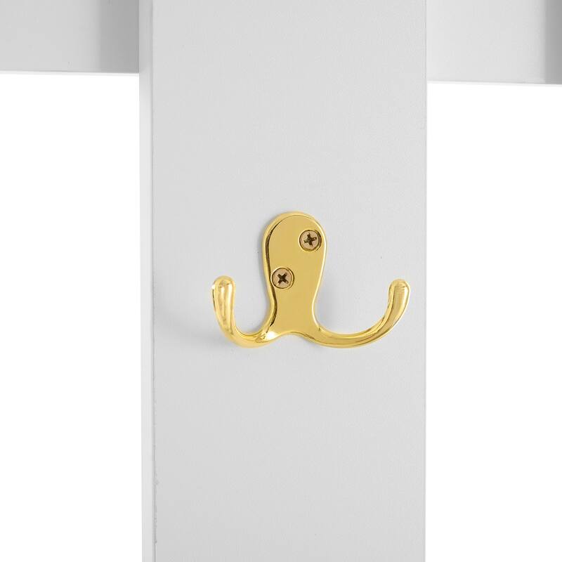 Modern Hall Tree, Wood Coat Rack with 8 Gold Hooks and Legs, Entryway Upholstered Bench with Adjustable Shelves & Doors