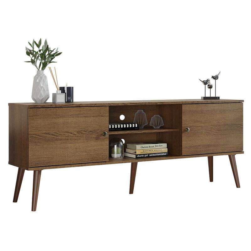 Madesa TV Stand Mid-Century Console with 2 Doors and 2 Shelves and Metal Knobs for 55, 65 Inch Media Storage - 59 inches - Brown