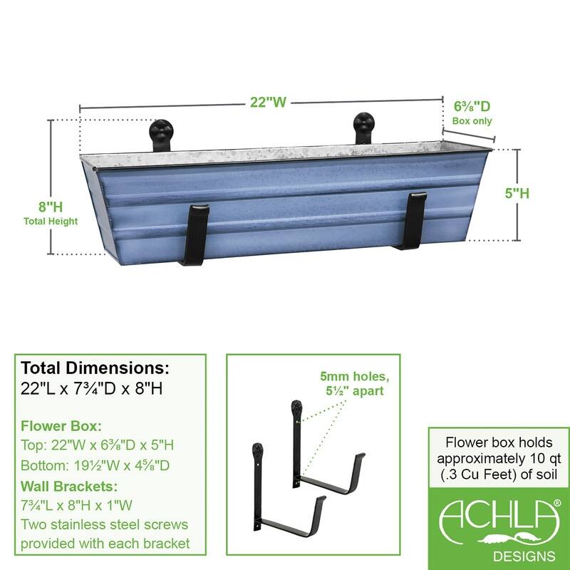 Achla Designs Small Galvanized Steel Flower Box Planter With Wall Brackets, 22 Inch Wide