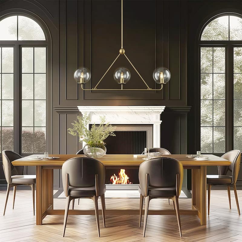 3-Light Modern Vintage Brushed Gold Linear Clear Glass Globe Bubble Pendant Light for Dining Room