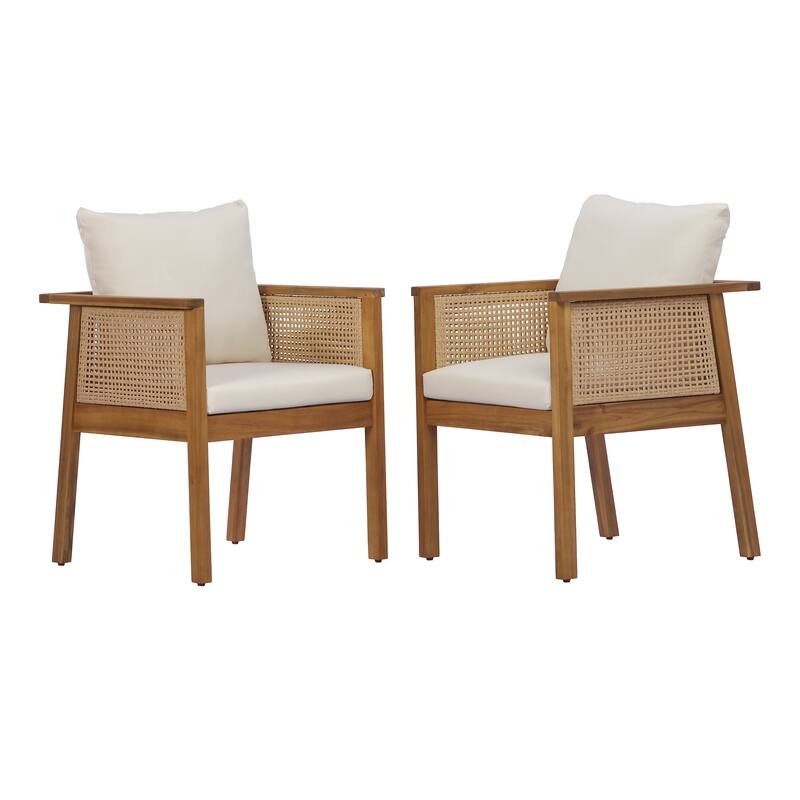 Christopher Knight Home - Set of 2 Mid-Century Modern Acacia Wood Dining Chairs with Handwoven Wicker Back and Washable Cushions
