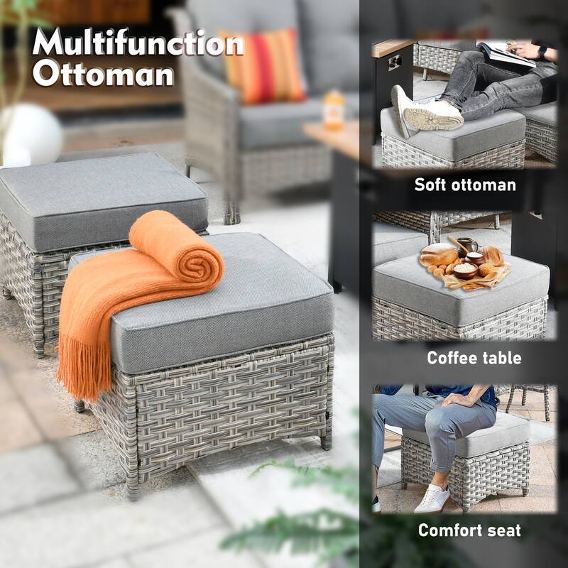XIZZI Patio Wicker Ottoman with Cushion Outdoor Footrest