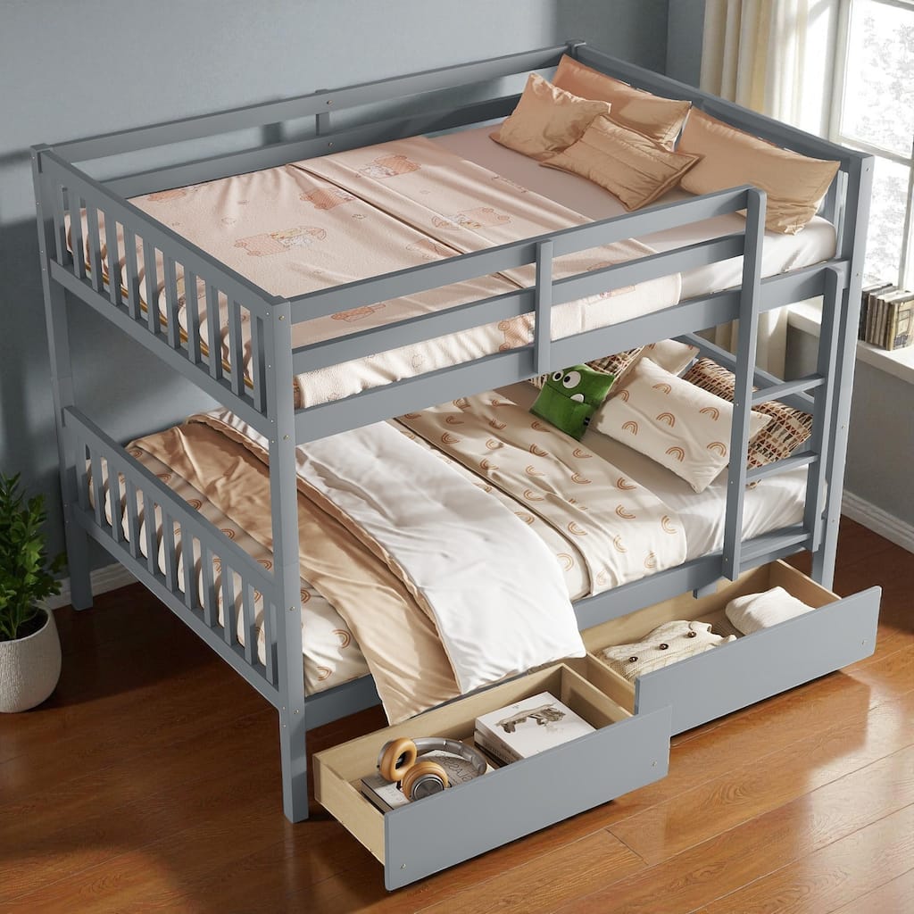 Full Over Full Rubber Wood Bunk Bed with 2 Storage Drawers, Convertible into 2 Full Beds, Ladder and Safety Guardrails