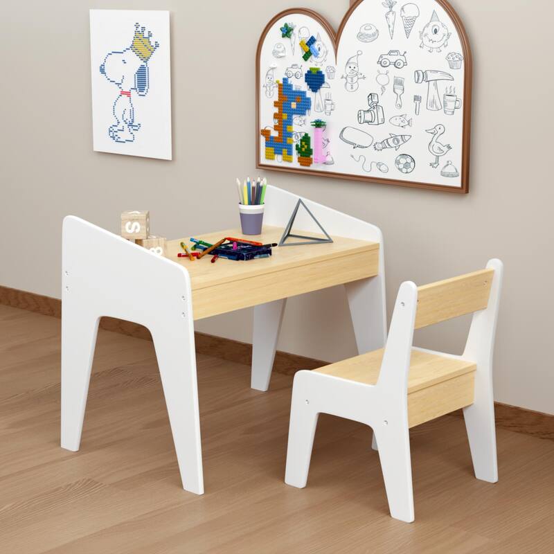 Kids Study Table and Chair Set 1 Piece Wooden Kids Furniture White Natural
