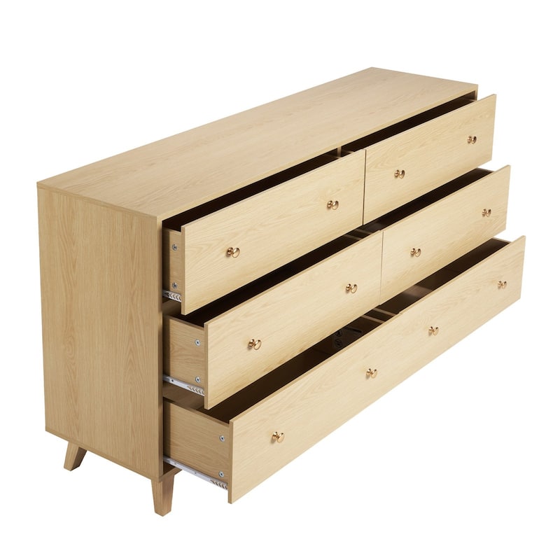 Light Wood Particleboard MDF Rubberwood Dresser 6 Drawers Modern Metal Handles