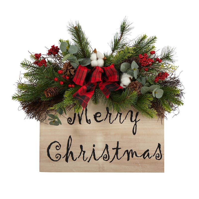 20" Holiday Merry Christmas Door Wall Hanger with Pinecones and Berries Gingham Plaid Bow Wall Art Décor